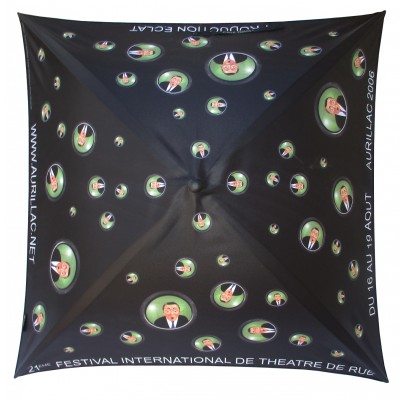 Advertising umbrella for "le festival international du théatre de rue d'Aurillac"