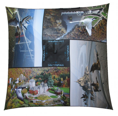 advertising umbrella for "Voler avec les oiseaux"